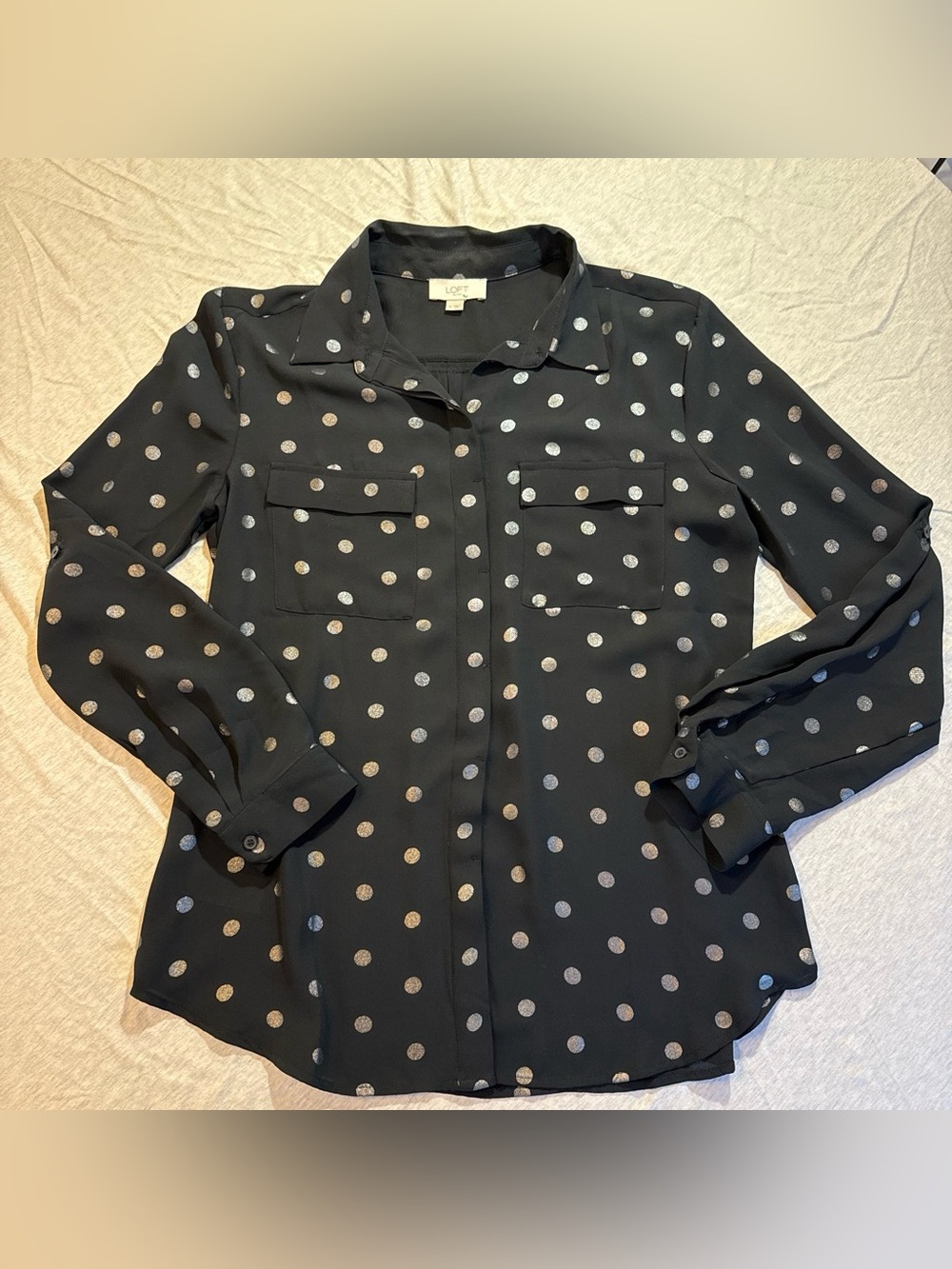 LOFT Black Metallic Polka Dot Button-Down Shirt